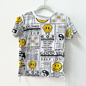 On Fire Womens Allover Graphic White T-Shirt “God is all you need” Large Smiley